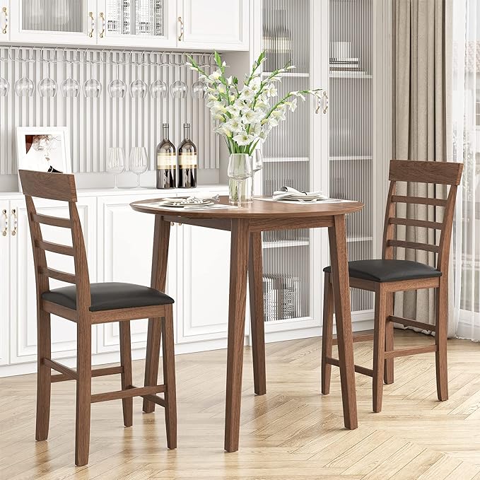 NicBex Small Dining Table for 2 Breakfast Nook Table Set 3Pcs Retro Round Counter Height Drop-Leaf Table with 2 Upholstered Chairs Dining Table Set Pub Set for Small Space Kitchen, Walnut - LeafyLoom