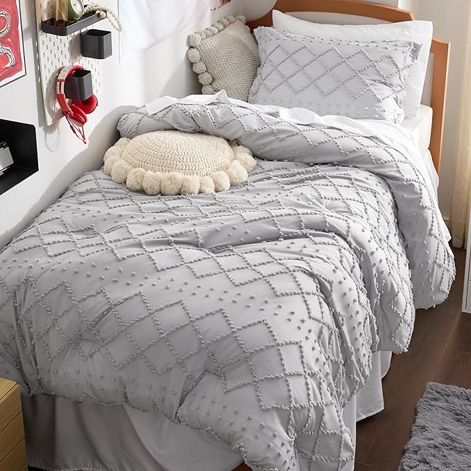 Bedsure Twin/Twin XL Comforter Set - Light Grey Boho Twin Extra Long Comforter Set for College, Shabby Chic Dorm Bedding Set, 2 Pieces Modern Farmhouse Bed Set, includes 1 Pillow Sham - LeafyLoom