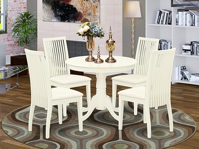 East West Furniture ANIP5-LWH-C 5 Piece Kitchen Set Includes a Round Dining Room Table with Pedestal and 4 Linen Fabric Upholstered Chairs, 36x36 Inch - LeafyLoom