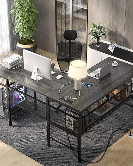 Unikito L Shaped Computer Desk with USB Charging Port and Power Outlet, Reversible Corner Desk with Storage Shelves, Industrial 2 Person Long Gaming Table Modern Home Office Desk, Black Oak - LeafyLoom