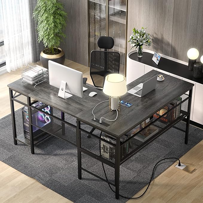 Unikito L Shaped Computer Desk with USB Charging Port and Power Outlet, Reversible Corner Desk with Storage Shelves, Industrial 2 Person Long Gaming Table Modern Home Office Desk, Black Oak - LeafyLoom