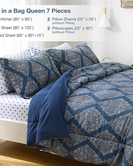 Printed Queen Bedding Sets with Comforter and Sheets, 7 Piece Bed in A Bag Comforter Set with Fluffy Microfiber, Vintage Navy Blue Plaid Paisley Pattern - LeafyLoom