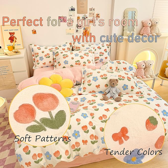 MorroMorn Pink Duvet Cover Queen, Pink Bed Set Tulips Floral Bedding Sets, Plush Fluffy Comforter Covers Set, Down Alternative Blanket Ultra Soft for Girls Kids Teen Women Full Double Size - LeafyLoom