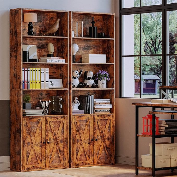 IRONCK Industrial Bookshelves and Bookcases with Doors Floor Standing 6 Shelf Display Storage Shelves 70 in Tall Bookcase for Home Office, Living Room - LeafyLoom