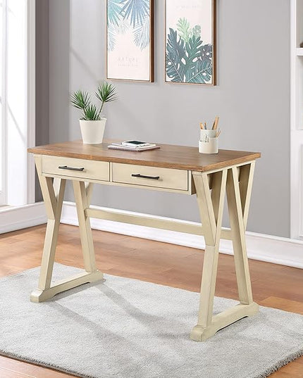 OSP Home Furnishings Jericho Rustic 42 Inch Writing Desk with 2 Drawers and Burnished Decorative Hardware, Antique White - LeafyLoom