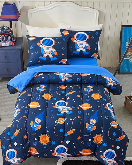 Space Navy Twin XL Comforter Sets for Boys Girls Kids Teen 5 Pieces Bed in a Bag Galaxy Astronaut Comforter with Sheet Sets Dorm Bedding Set - LeafyLoom