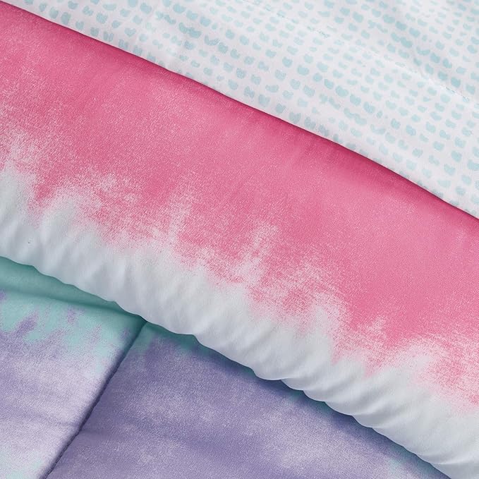 dream FACTORY Kids 7-Piece Complete Set Easy-Wash Super Soft Microfiber Comforter Bedding, Full, Purple Multi Tie Dye Stripe - LeafyLoom