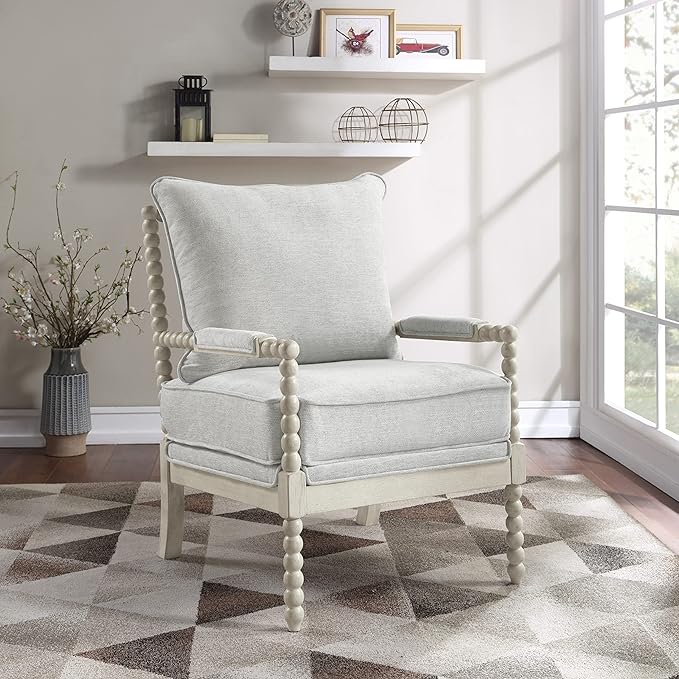 OSP Home Furnishings Kaylee Spindle Accent Chair with Antique White Wood Frame, 26.5” W x 32.25” D x 37” H, Smoke Grey Fabric - LeafyLoom