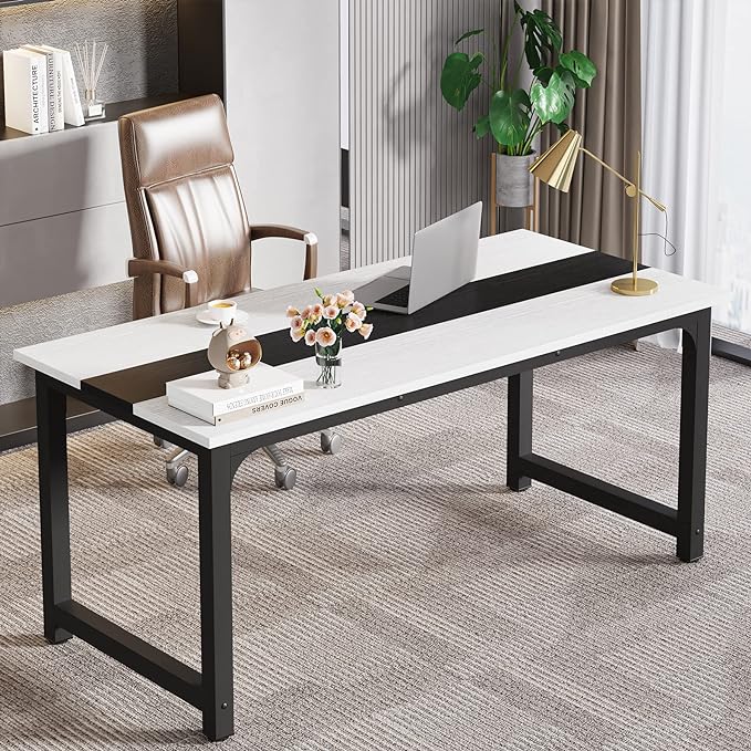 70.8 Inch X-Large Executive Computer Office Desk, White+Black - LeafyLoom