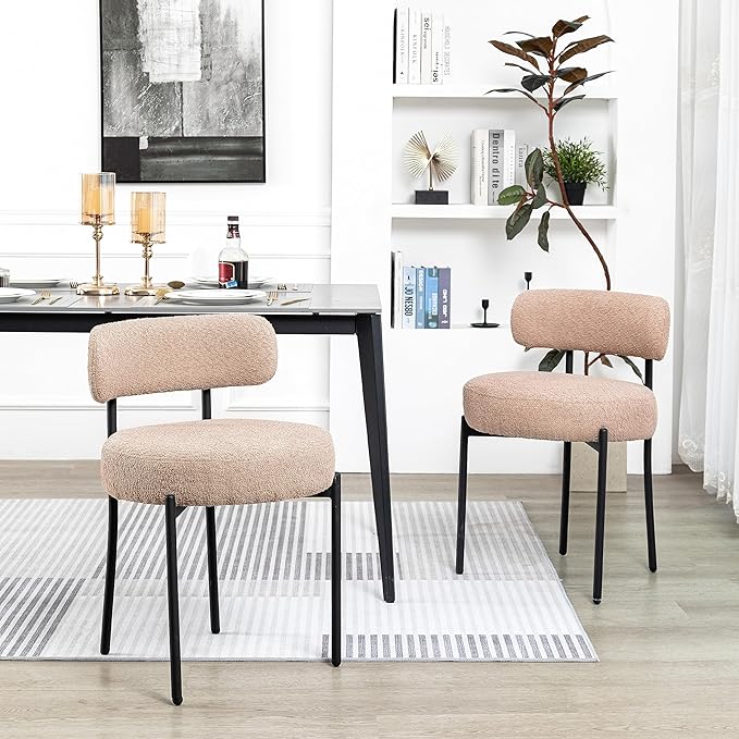 DYHOME Kitchen Chairs Mid-Century Modern Dining Chairs Set of 2, Kitchen Dining Room Chairs, Boucle Upholstered Wishbone Dining Chair, Camel Color - LeafyLoom