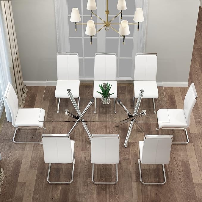 Dining Chairs Set, Kitchen Modern Metal Chairs with Faux Leather Padded Seat High Back and Sturdy Chrome Legs, Chairs for Dining Room (White, Set of 8) - LeafyLoom