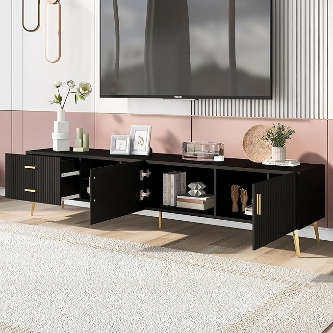 71 Inch TV Stand, Modern Television Stands with Drawers, Cabinets and Open Shelf, Entertainment Center with 5 Champagne Legs for Living Room and Bedroom, Black - LeafyLoom