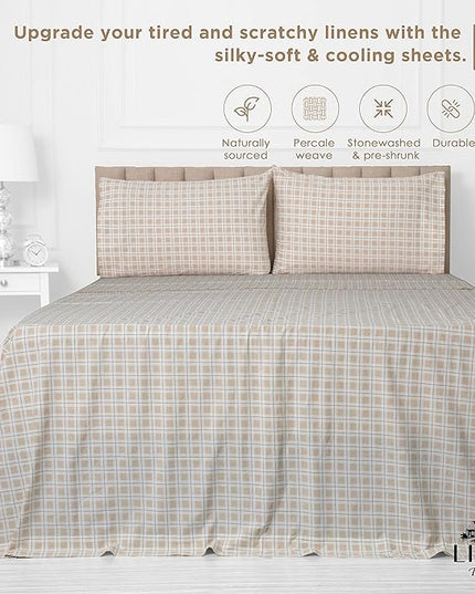Linen Home Cotton Lyocell Blend Percale Printed Sheet Set, Pre-Washed & Shrunk, Cooling Bed Sheets, King Size, 4 Pieces - 1 Flat, 1 Deep Pocket Fitted Sheet, 2 Pillowcases, Checks Yellow - LeafyLoom