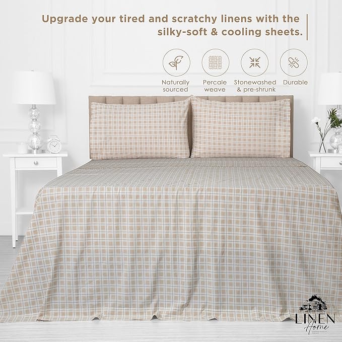 Linen Home Cotton Lyocell Blend Percale Printed Sheet Set, Pre-Washed & Shrunk, Cooling Bed Sheets, King Size, 4 Pieces - 1 Flat, 1 Deep Pocket Fitted Sheet, 2 Pillowcases, Checks Yellow - LeafyLoom