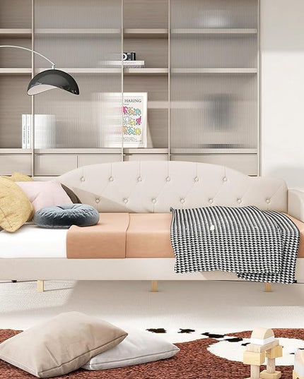 Full Size Upholstered Daybed,Linen Sofa Bed with Button Tufted Back & Nailhead Decorated Waved Shape Arms,Slat Support,No Spring Box Need,Bedframe for Bedroom Livingroom Small Space,Beige - LeafyLoom