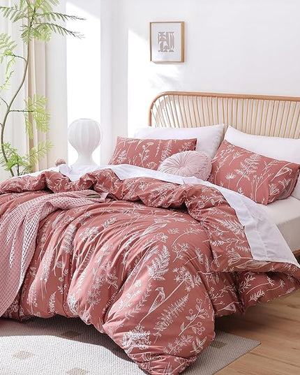 JANZAA Queen Comforter Comforters Queen Size GrayishPink Bedding Cute Floral Bed Set, Lightweight Soft Botanical Flower Comforter and 2 Pillow Cases All Season - LeafyLoom