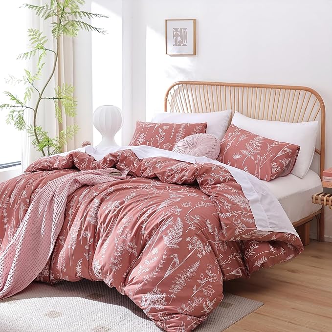 JANZAA Queen Comforter Comforters Queen Size GrayishPink Bedding Cute Floral Bed Set, Lightweight Soft Botanical Flower Comforter and 2 Pillow Cases All Season - LeafyLoom