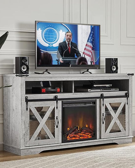 Okvnbjk Fireplace TV Stand for TVs up to 70", Entertainment Center with 18" Electric Fireplace, Farmhouse TV Stand Industrial Media Console with Sliding Barn Door for Living Room, 58 Inch, White Oak - LeafyLoom