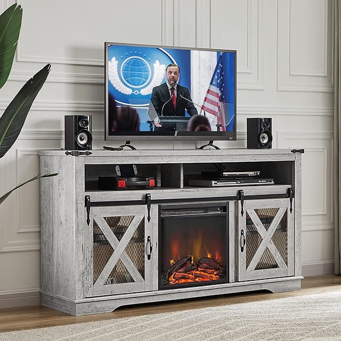 Okvnbjk Fireplace TV Stand for TVs up to 70", Entertainment Center with 18" Electric Fireplace, Farmhouse TV Stand Industrial Media Console with Sliding Barn Door for Living Room, 58 Inch, White Oak - LeafyLoom