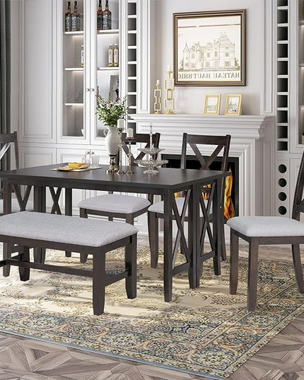 RITSU 6 Piece Family Foldable Dining Table Set with 4 Upholstered Burlap Chairs and Bench, Solid Wood Construction, Space Saving, Suitable for Living Room, Apartment Espresso, 60inch - LeafyLoom