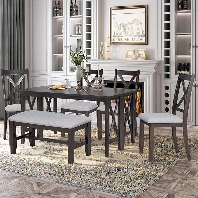 RITSU 6 Piece Family Foldable Dining Table Set with 4 Upholstered Burlap Chairs and Bench, Solid Wood Construction, Space Saving, Suitable for Living Room, Apartment Espresso, 60inch - LeafyLoom
