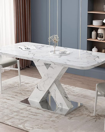 NicBex Dining Table Contemporary Kitchen Table Farmhouse Rustic Square Dining Table, Stretchable, White Marble Table Top+MDF X-Shape Table Leg with Metal Base, Easy Assembly, White - LeafyLoom