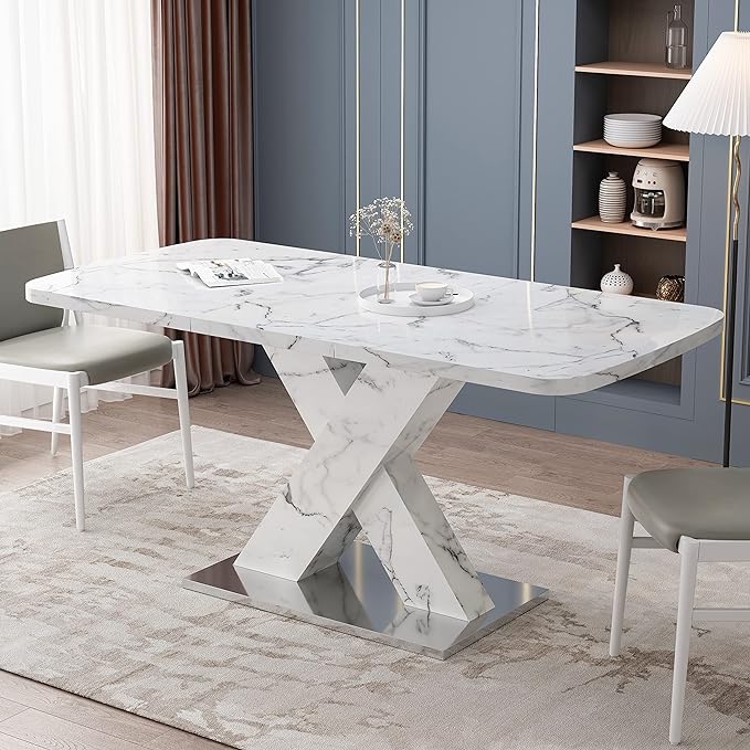 NicBex Dining Table Contemporary Kitchen Table Farmhouse Rustic Square Dining Table, Stretchable, White Marble Table Top+MDF X-Shape Table Leg with Metal Base, Easy Assembly, White - LeafyLoom