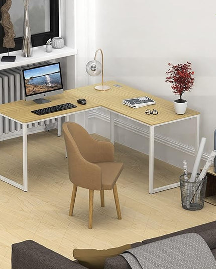 SHW Home Office 55-Inch Large L Shaped Corner Desk, 24" Deep, Oak - LeafyLoom