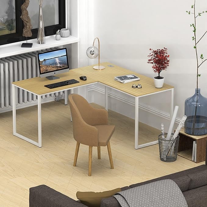 SHW Home Office 55-Inch Large L Shaped Corner Desk, 24" Deep, Oak - LeafyLoom