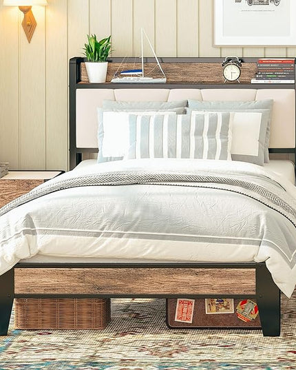 LIKIMIO Twin Bed Frames, Storage Headboard with Charging Station, Solid and Stable, Noise Free, No Box Spring Needed, Easy Assembly (Walnut and Beige) - LeafyLoom