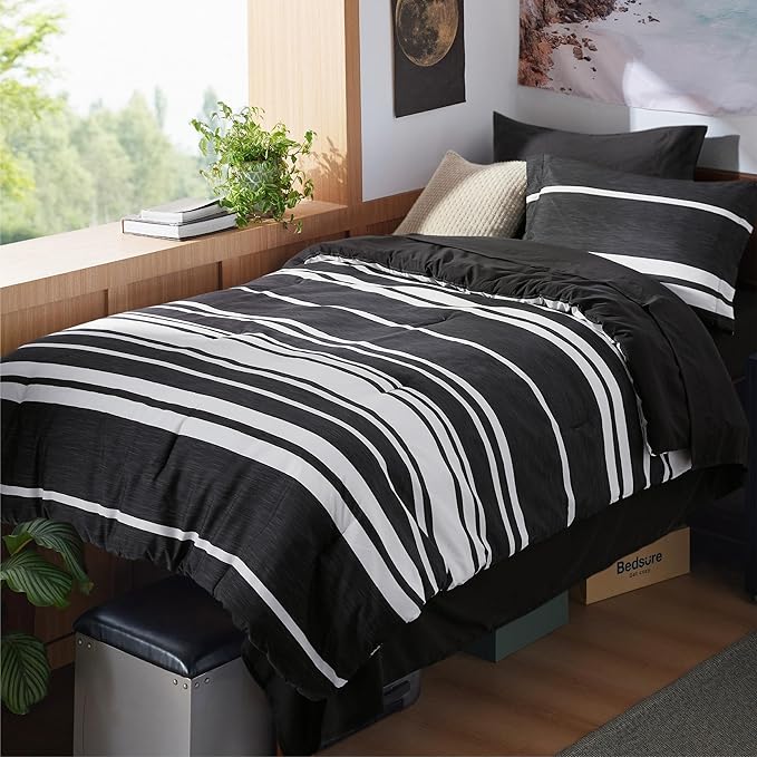 Bedsure Twin XL Comforter Set for College Boys, Black White Striped Bedding Comforter Sets All Season Bed Set with 1 Pillow Sham, Flat Sheet, Fitted Sheet and 1 Pillowcase - LeafyLoom