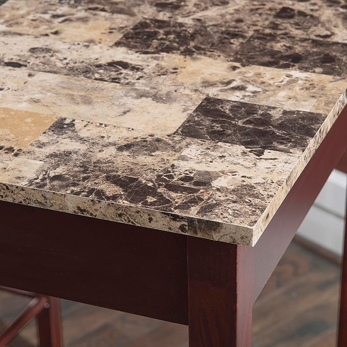 Linon Brown 3-Piece Table Faux Marble Tavern Set, 42" w x 22.25" d x 36" h - LeafyLoom
