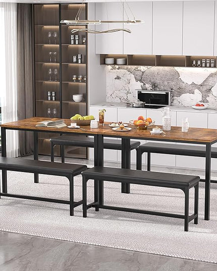 VECELO 3-Piece 63" Extendable Kitchen Table with Benches/Chairs, Modern Breakfast Dinette/Dining Room Set for 4/6/2, Small Space Saving Design, Easy Assembly, Brown - LeafyLoom
