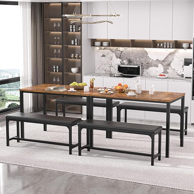 VECELO 3-Piece 63" Extendable Kitchen Table with Benches/Chairs, Modern Breakfast Dinette/Dining Room Set for 4/6/2, Small Space Saving Design, Easy Assembly, Brown - LeafyLoom