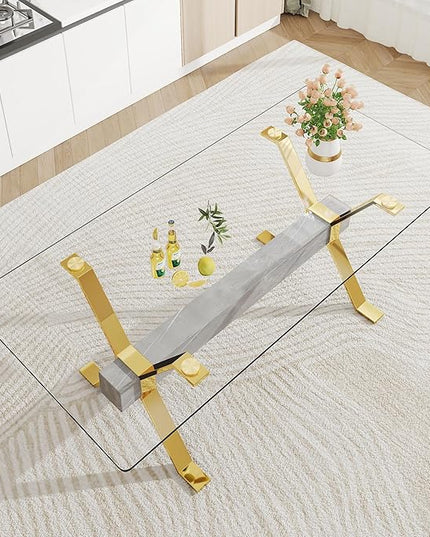 NicBex Dining Table Modern Tempered Glass Dining Table Large Modern Office Desk with Gold Plated Metal Legs and MDF Crossbars, Suitable for Both Home and Office Use, Gold + Silver - LeafyLoom