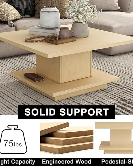24/7 Shop at Home Lukas 31 inch Square Coffee Table with Hidden Storage and Base Shelf, Contemporary Furniture for Living Room, Home Office, Apartment, Small Space, Light Maple - LeafyLoom