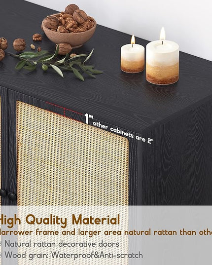 XIAO WEI Sideboard Cabinet with Handmade Natural Rattan Woven Doors, Rattan Cabinet Console Table Storage Credenza Buffet, for Kitchen, Living Room, Hallway, Entryway-2 Pieces(Black) - LeafyLoom
