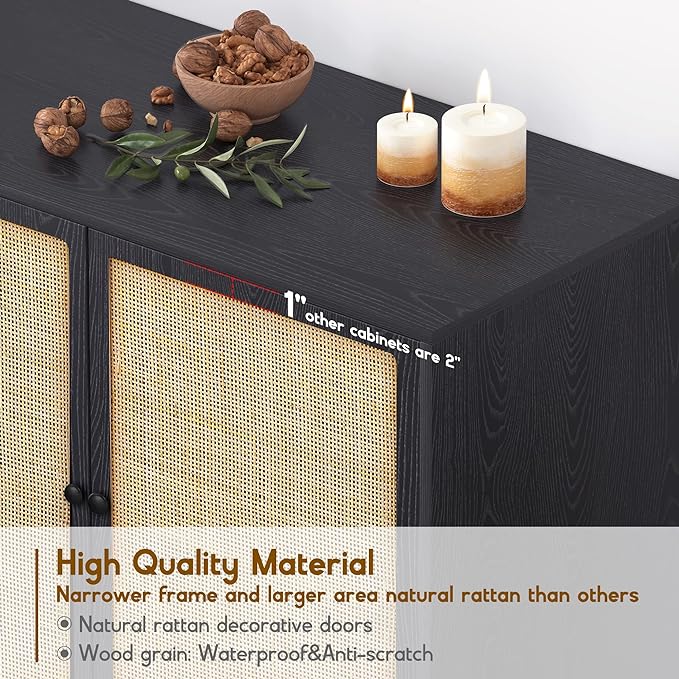XIAO WEI Sideboard Cabinet with Handmade Natural Rattan Woven Doors, Rattan Cabinet Console Table Storage Credenza Buffet, for Kitchen, Living Room, Hallway, Entryway-2 Pieces(Black) - LeafyLoom
