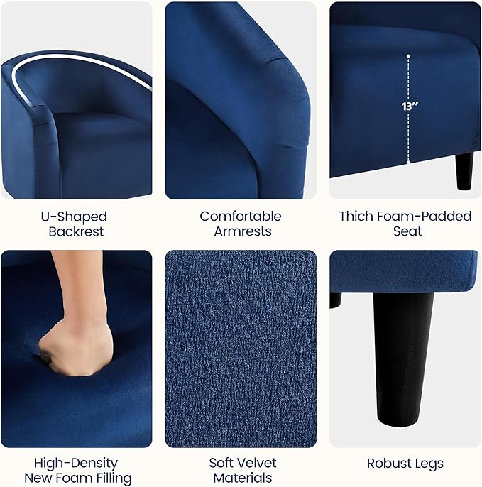 Yaheetech Velvet Club Chair, Modern Tufted Accent Chair with Armrest, Upholstered Barrel Chair with Solid Legs for Living Room/Bedroom/Study/Waiting Room, Navy Blue - LeafyLoom