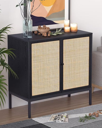 XIAO WEI Sideboard with Handmade Natural Rattan Doors, Rattan Cabinet Console Table Storage Cabinet Buffet Cabinet, for Kitchen, Living Room, Hallway, Entryway, Black - LeafyLoom