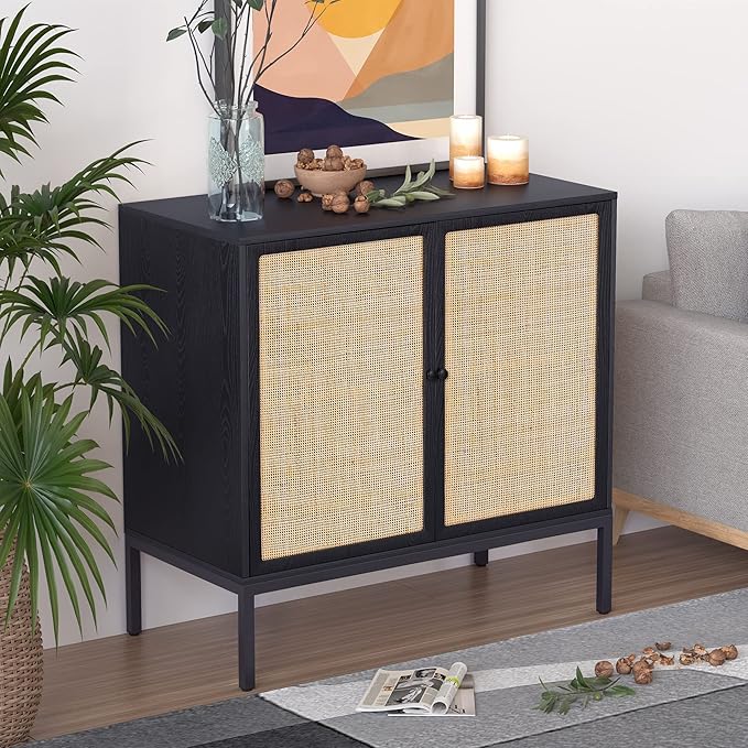 XIAO WEI Sideboard with Handmade Natural Rattan Doors, Rattan Cabinet Console Table Storage Cabinet Buffet Cabinet, for Kitchen, Living Room, Hallway, Entryway, Black - LeafyLoom