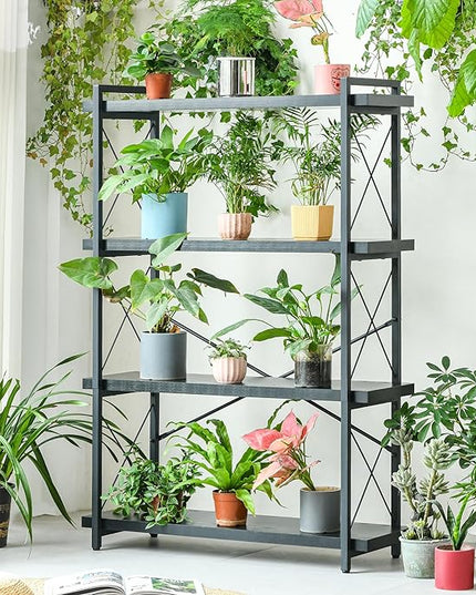 HCHQHS Bookshelf, 4-Tier Industrial Bookcase, Black Open Book Shelf, Freestanding Tall Bookshelves with Metal Frame - LeafyLoom