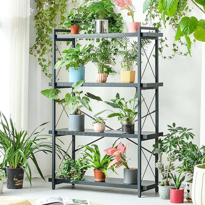 HCHQHS Bookshelf, 4-Tier Industrial Bookcase, Black Open Book Shelf, Freestanding Tall Bookshelves with Metal Frame - LeafyLoom