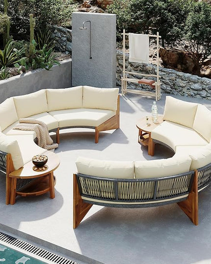 Merax Outdoor Sectional Patio Furniture Sets, Half Moon All Weather Wicker Seating Group, with Cushions and Round Coffee Table, Beige - LeafyLoom