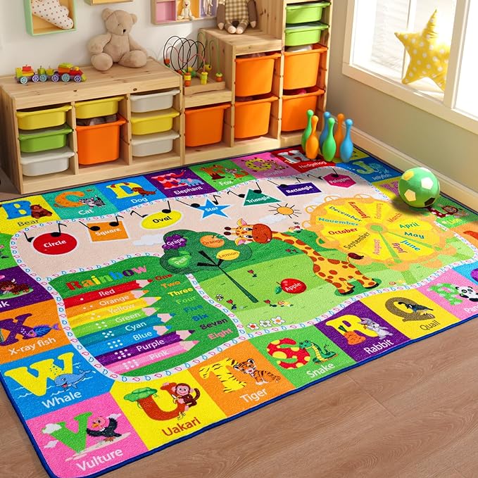 Kids Rug Play Mat Carpet Educational and Fun Playroom Rugs with ABC Alphabet Animals Shapes 3x5 Area Rug Learning Rugs for Bedroom Classroom Baby Toddler Children - LeafyLoom