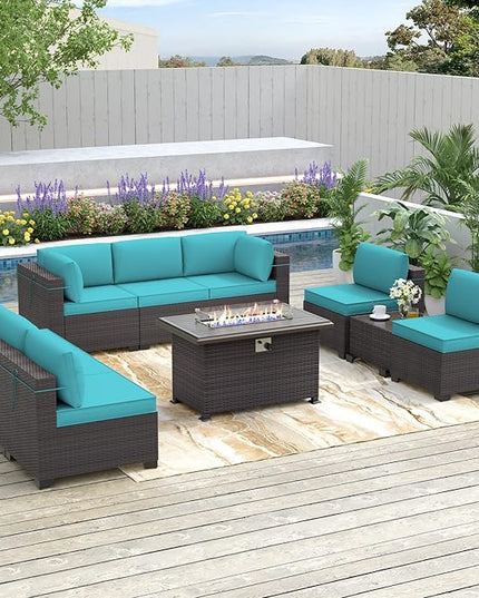 Patio Furniture Sectional Sofa Set 10-Pieces PE Rattan Patio Conversation Set w/43in Gas Fire Pit Table, Outdoor Furniture with 55000 BTU Propane Fire Pit, Blue - LeafyLoom