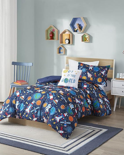 Mi Zone Kids Jason Cozy Comforter Outer Space Rocket Ships, Astronauts Print, All Season Cover, Hypoallergenic Bedding Set, Matching Sham, Decorative Pillow, Twin(66" Wx86 L), Multi 3 Piece - LeafyLoom