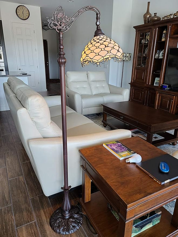 Amora Tiffany Style Floor Lamp Jeweled Jagged Edge Arched 62" Tall Stained Glass White Tan Antique Vintage Light Decor Bedroom Living Room Reading Gift AM122FL12B Lighting - LeafyLoom