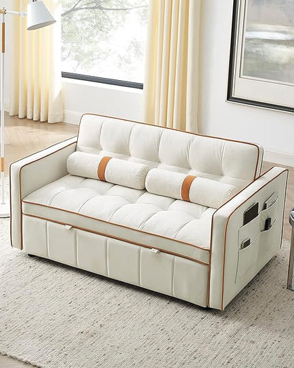 3 in 1 Tufted Sleeper Sofa Cylindrical Pillows,Modern Convertible Loveseat Sofá W Pull Out Sleep Couch Bed and Side Pockets,Velvet Upholstered Love Seat Sofabed for Living Room, 55.5", Beige1 - LeafyLoom