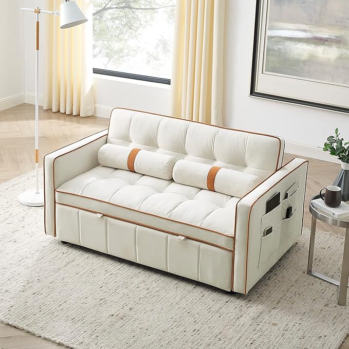 3 in 1 Tufted Sleeper Sofa Cylindrical Pillows,Modern Convertible Loveseat Sofá W Pull Out Sleep Couch Bed and Side Pockets,Velvet Upholstered Love Seat Sofabed for Living Room, 55.5", Beige1 - LeafyLoom